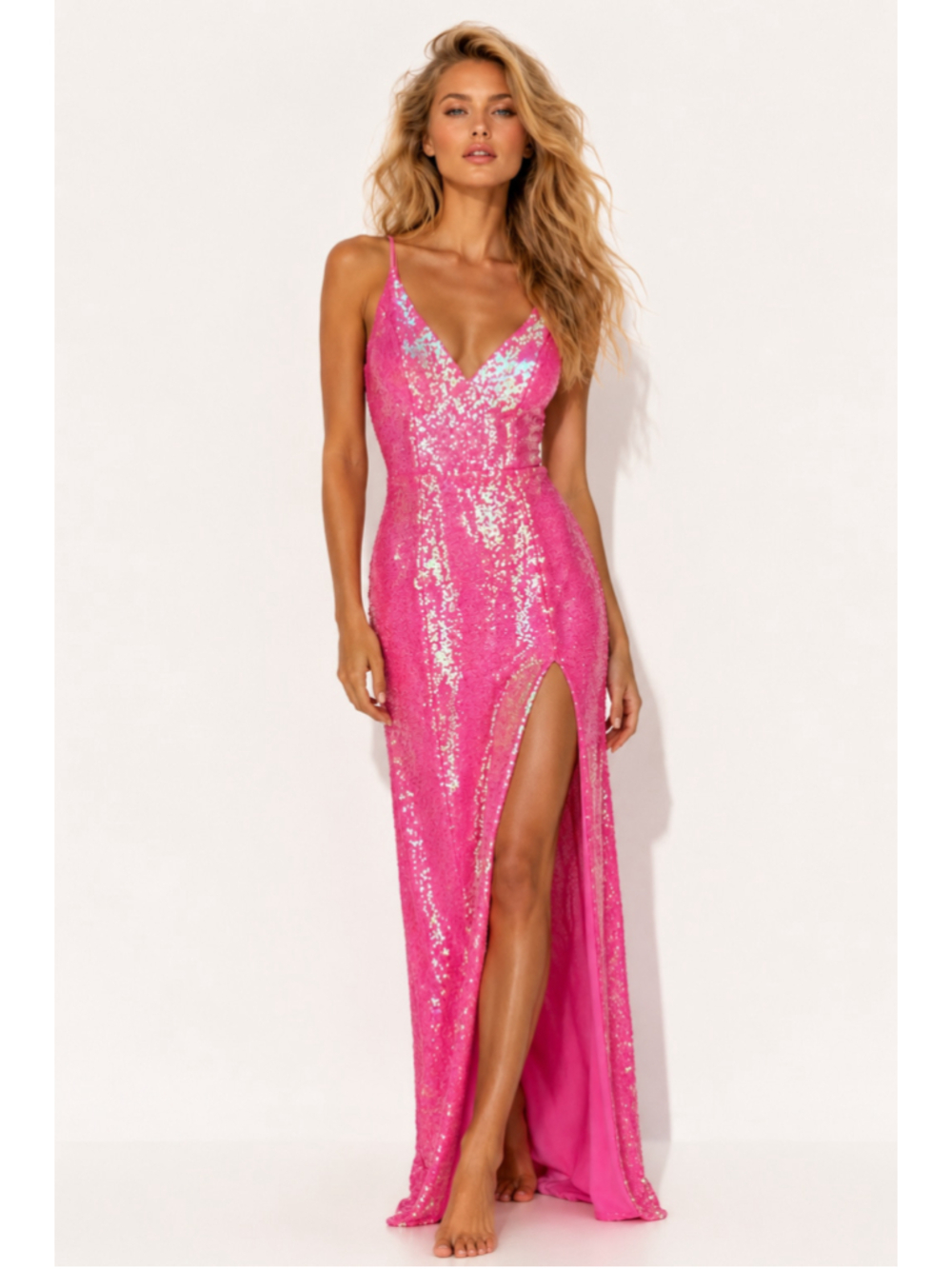 Emerald Sundae Pink Sequin Formal Maxi Dress Thigh Slit Gown Glam Mermaid Luxury